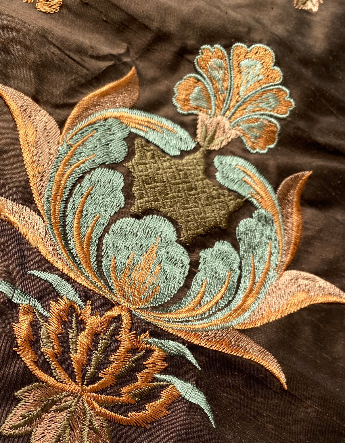 NEW! Lady Jacqueline Novelty 100% Silk Dupioni Embroidered Fabric - Made in India- Brown, Blue, Peach - Fancy Styles Fabric Pierre Frey Lee Jofa Brunschwig & Fils