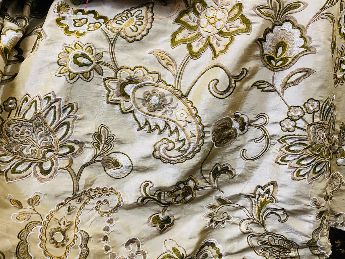 NEW! Duchess Nicole Faux Silk Embroidered Fabric Champagne and Olive - Fancy Styles Fabric Pierre Frey Lee Jofa Brunschwig & Fils