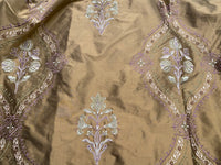 NEW! Queen Riviera Novelty 100% Silk Dupioni Embroidered Floral Fabric - Old Gold with Lavender Embroidery - Fancy Styles Fabric Pierre Frey Lee Jofa Brunschwig & Fils