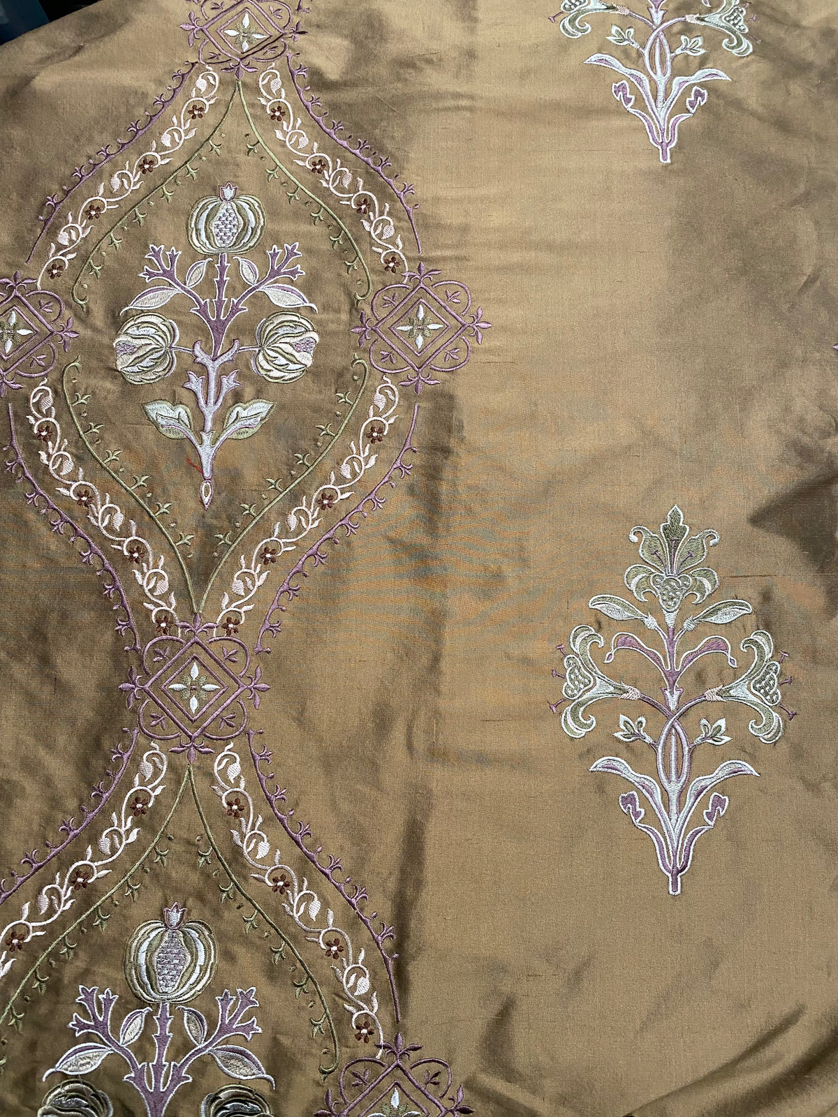NEW! Queen Riviera Novelty 100% Silk Dupioni Embroidered Floral Fabric - Old Gold with Lavender Embroidery - Fancy Styles Fabric Pierre Frey Lee Jofa Brunschwig & Fils