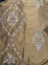 NEW! Queen Riviera Novelty 100% Silk Dupioni Embroidered Floral Fabric - Old Gold with Lavender Embroidery - Fancy Styles Fabric Pierre Frey Lee Jofa Brunschwig & Fils