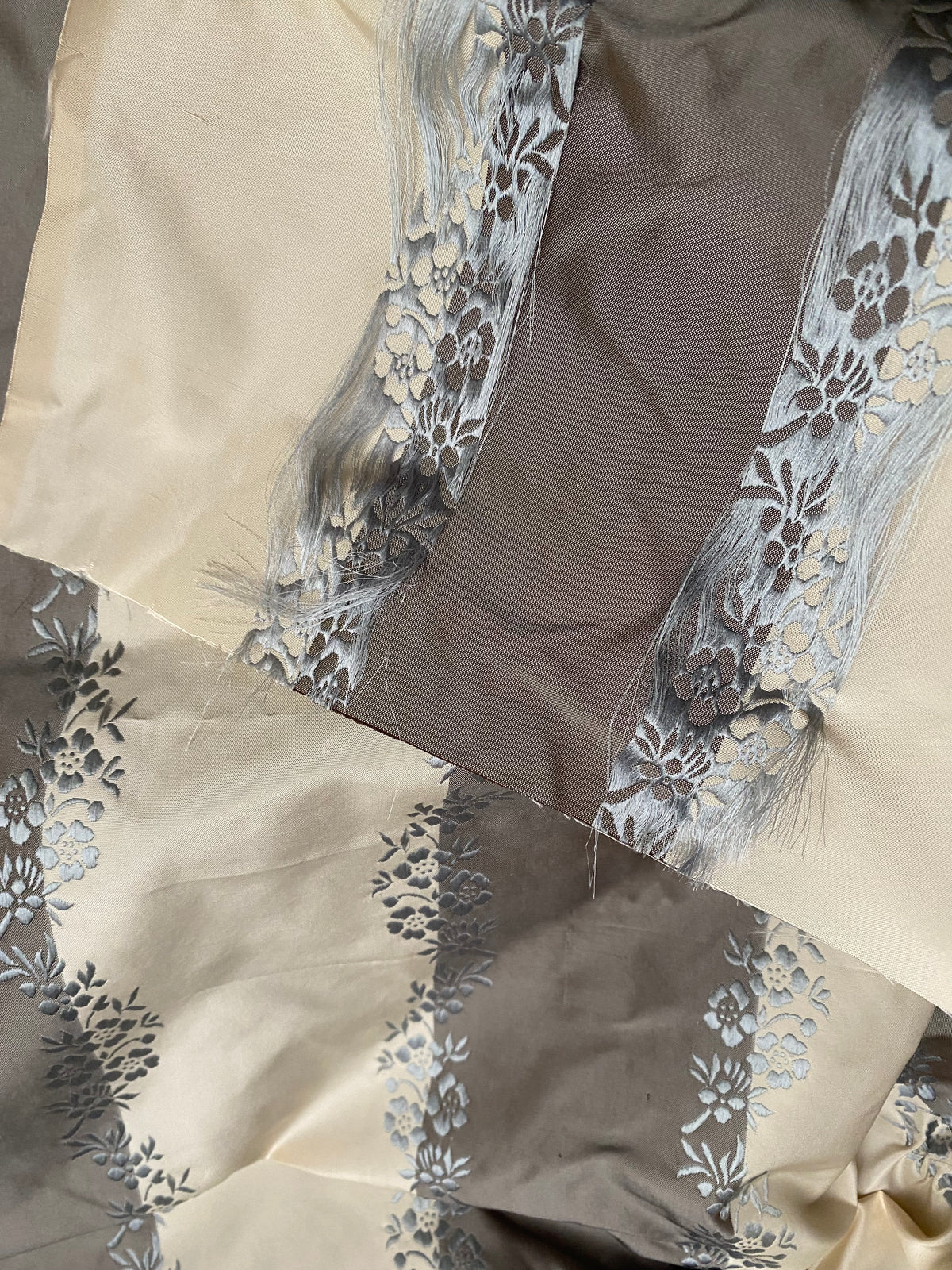 NEW Lady Kristen Designer 100% Silk Taffeta Embroidered Stripe Floral Fabric- Ice Blue & Warm Grey - Fancy Styles Fabric Pierre Frey Lee Jofa Brunschwig & Fils