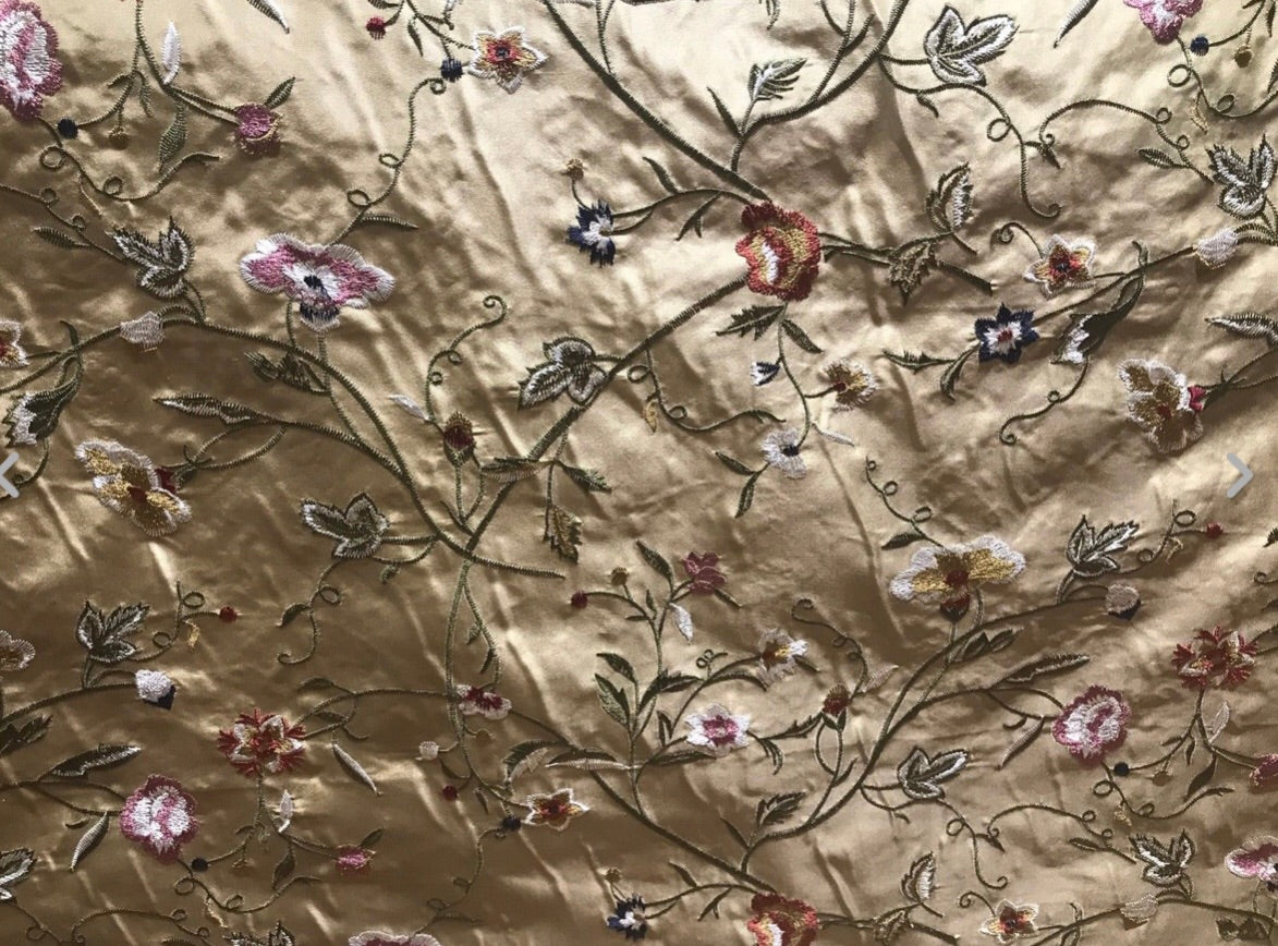 NEW! BACK IN STOCK! SALE! Lady Melody Designer 100% Silk Taffeta Embroidered Floral Fabric - Gold GFSAY0002 - Fancy Styles Fabric Pierre Frey Lee Jofa Brunschwig & Fils