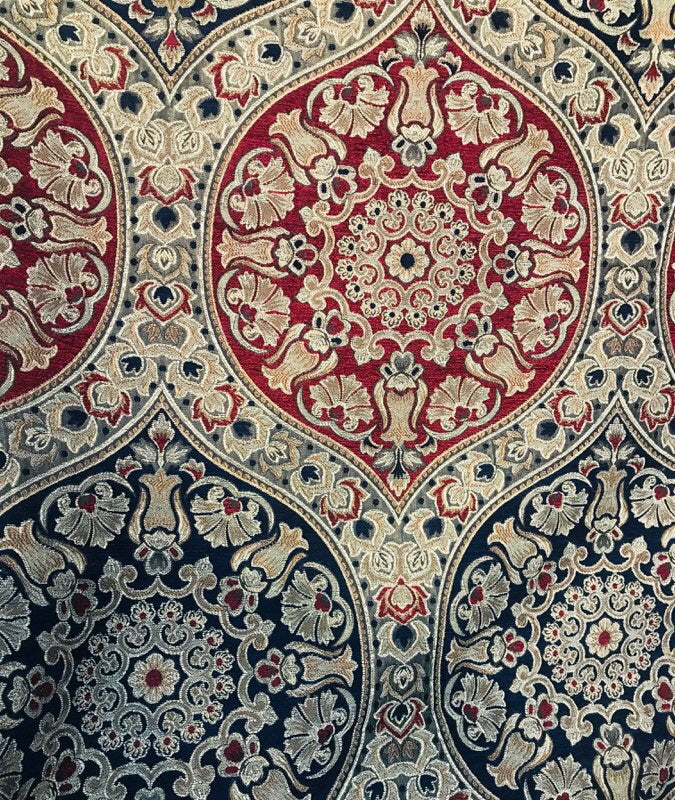 Queen Maria Designer Burnout Italian Velvet Fabric- Red, Navy, & Gold - Upholstery - Fancy Styles Fabric Pierre Frey Lee Jofa Brunschwig & Fils