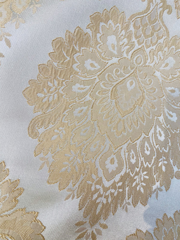 NEW! Prince Prescott Brocade Medallion Satin Fabric- Peach Gold and White - Fancy Styles Fabric Pierre Frey Lee Jofa Brunschwig & Fils