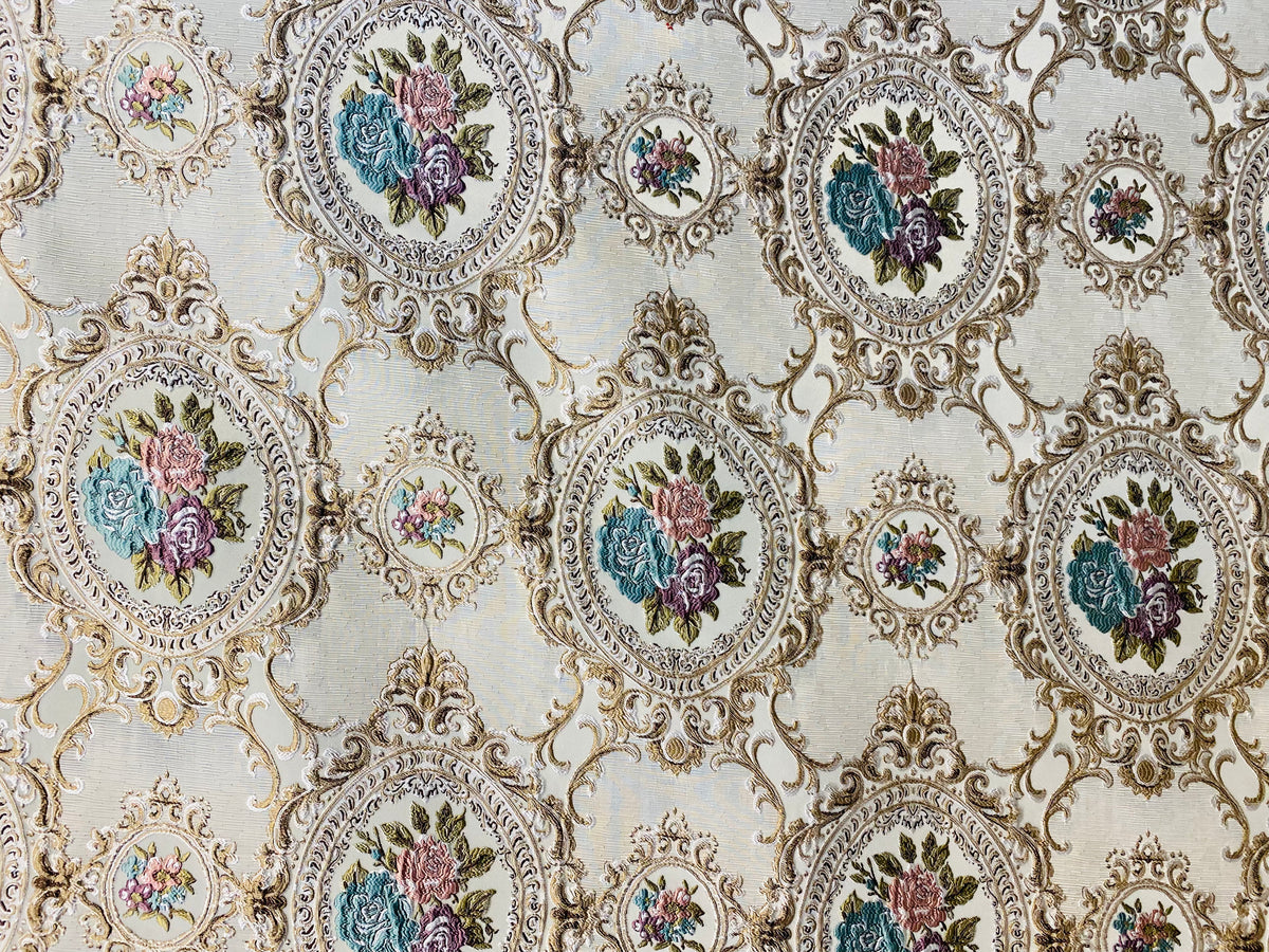 NEW Queen Rose Designer Brocade Satin Fabric- Antique Blue Pink Roses - Upholstery - Fancy Styles Fabric Pierre Frey Lee Jofa Brunschwig & Fils