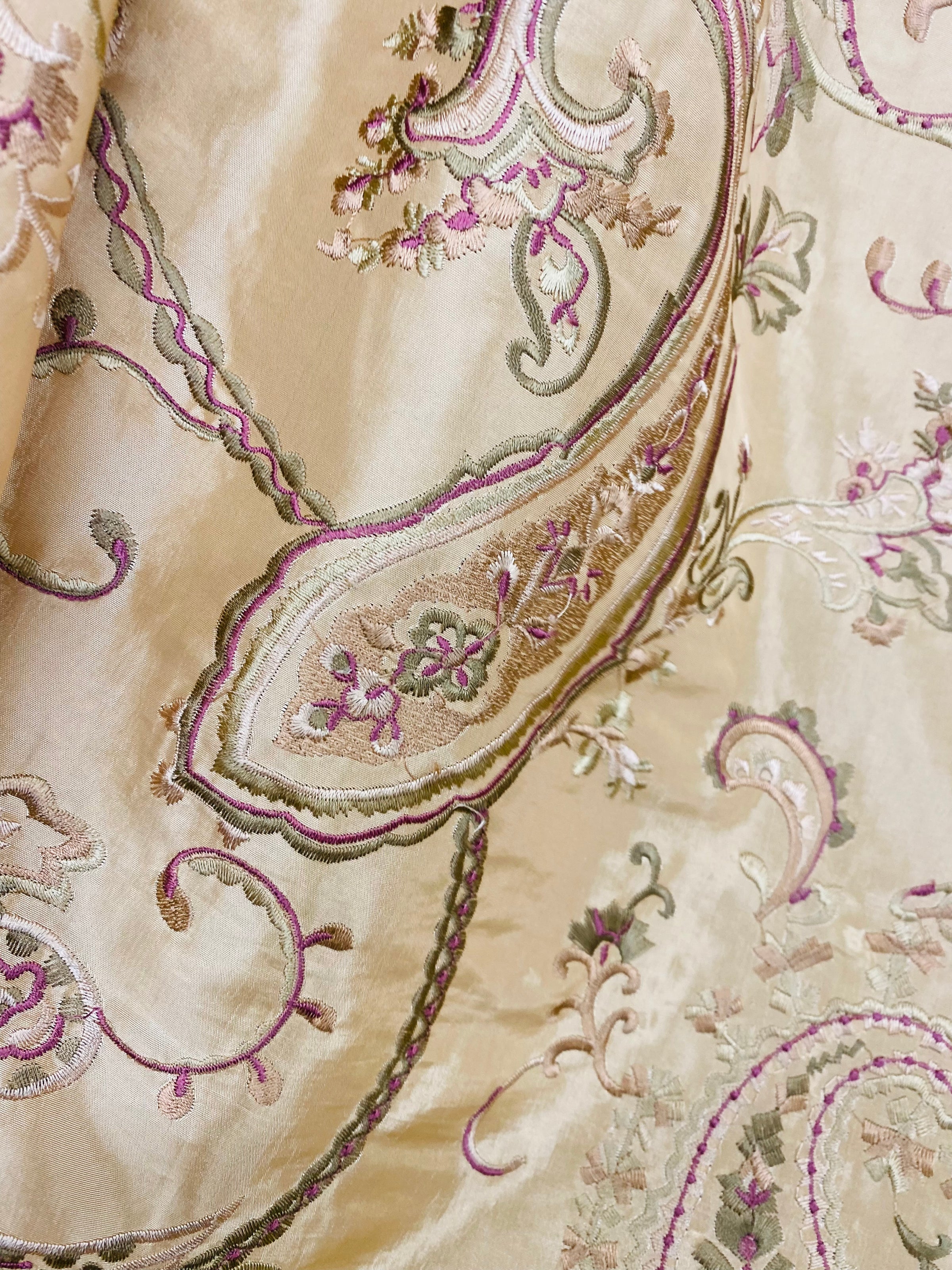 Embroidered, Silk Fabric. Ivory with Pink, Sage, Burgundy & Beige Embroidery