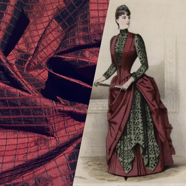 NEW Duchess Jenna 100% Silk Taffeta Fabric- Burgundy Red Black Shot Embroidered Squares- SB_6_8 - Fancy Styles Fabric Pierre Frey Lee Jofa Brunschwig & Fils