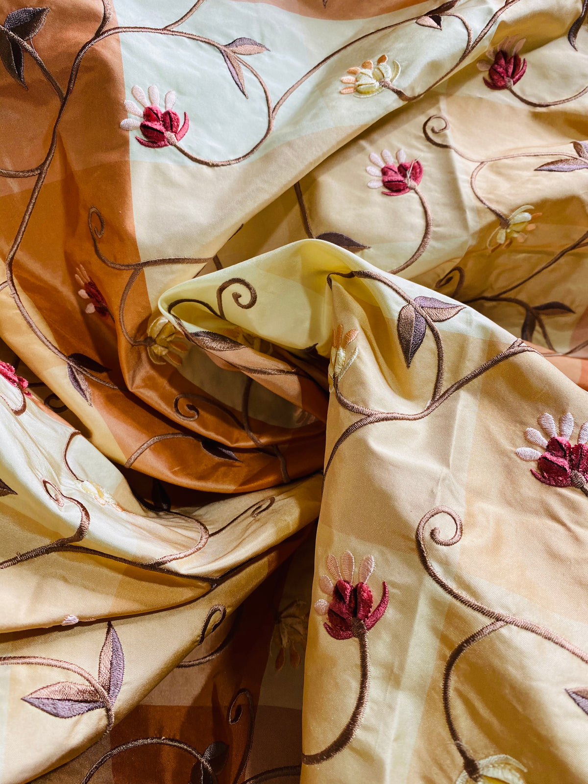 NEW Princess Peach 100% Silk Taffeta Checkered Plaid Embroidered Velvet Floral Peach Fabric - Fancy Styles Fabric Pierre Frey Lee Jofa Brunschwig & Fils