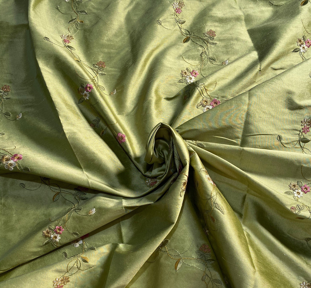 NEW Duchess Rowena Designer 100% Silk Dupioni - Pistachio Green with Floral Embroidery Vines - Fancy Styles Fabric Pierre Frey Lee Jofa Brunschwig & Fils