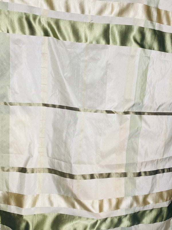 NEW Duchess Philippa 100% Silk Taffeta Plaid Tartan with Satin Ribbon Stripes in Cream and Pistachio SB_6_18 - Fancy Styles Fabric Pierre Frey Lee Jofa Brunschwig & Fils