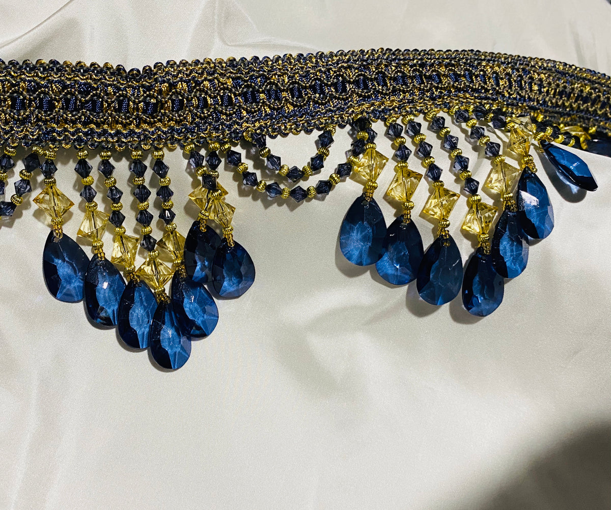 NEW! Queen Cassandra Blue & Gold Beaded Trim - Fancy Styles Fabric Pierre Frey Lee Jofa Brunschwig & Fils
