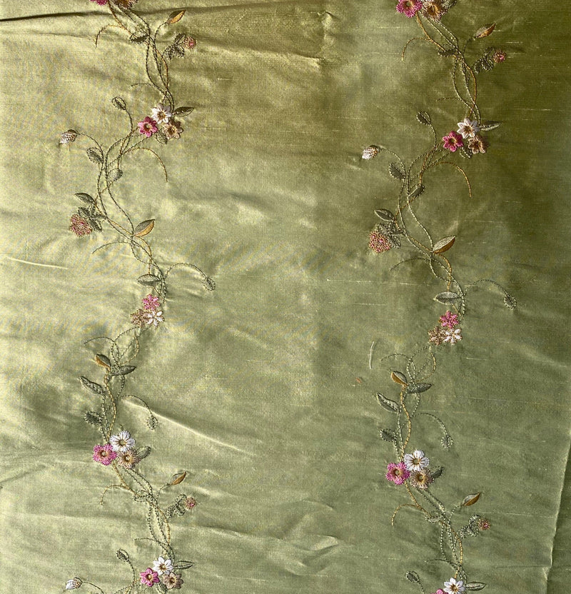 NEW Duchess Rowena Designer 100% Silk Dupioni - Pistachio Green with Floral Embroidery Vines - Fancy Styles Fabric Pierre Frey Lee Jofa Brunschwig & Fils