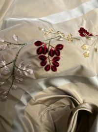 Lady Lana Designer 100% Silk Taffeta Embroidered Fabric- Grey Burgundy Stripe Floral - Fancy Styles Fabric Pierre Frey Lee Jofa Brunschwig & Fils
