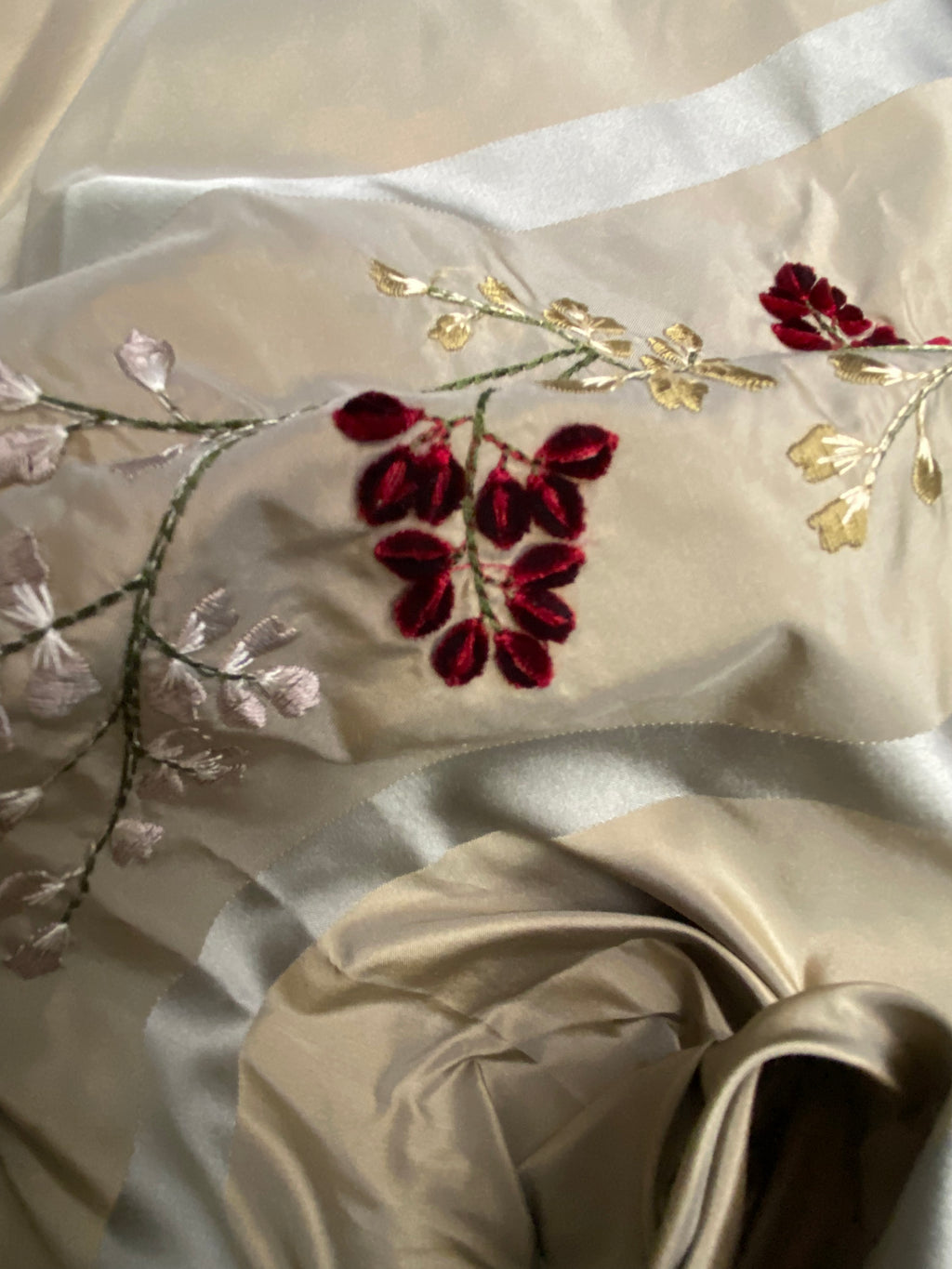 Lady Lana Designer 100% Silk Taffeta Embroidered Fabric- Grey Burgundy Stripe Floral