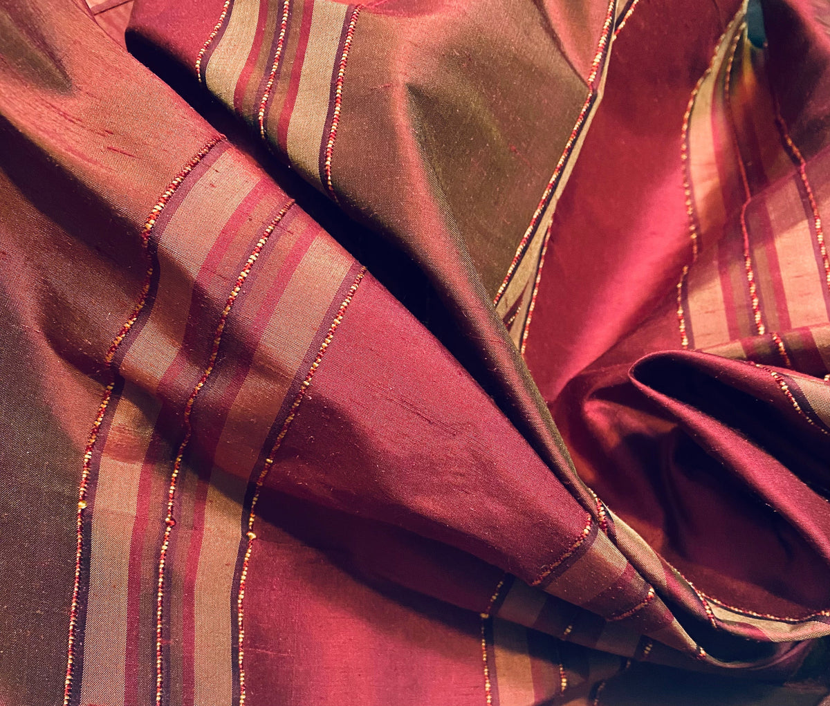 NEW Queen River Novelty 100% Silk Dupioni Embroidered Stripe Fabric - Red Burgundy - Fancy Styles Fabric Pierre Frey Lee Jofa Brunschwig & Fils