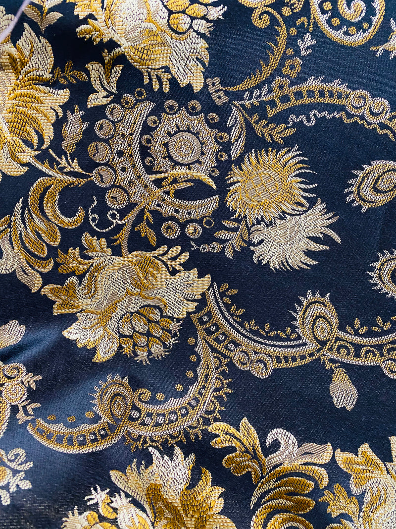 Agatha Christie Train Brocade Jacquard Fabric- Black Gold Floral