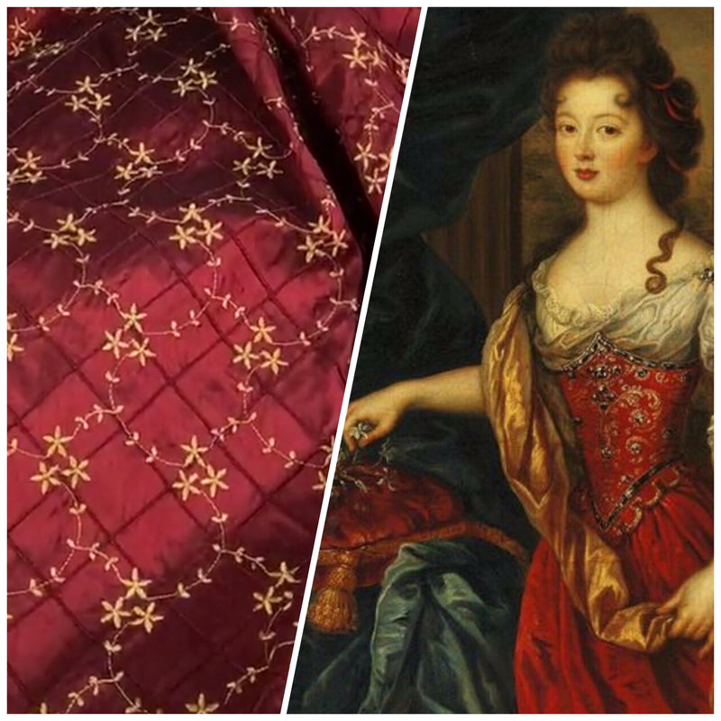 Queen Elisabeth 100% Silk Dupioni Embroidered Floral Pintuck Diamond Motif Fabric - Deep Red - Fancy Styles Fabric Pierre Frey Lee Jofa Brunschwig & Fils