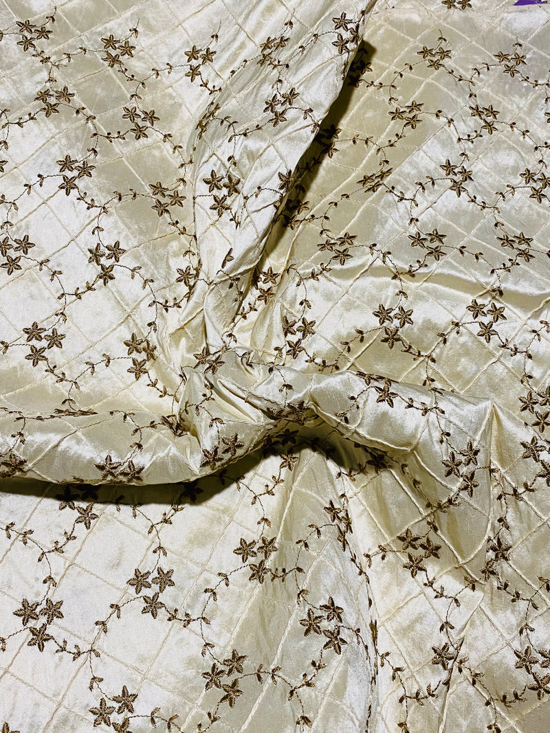 Queen Elisabeth 100% Silk Dupioni Embroidered Quilted Floral Fabric- Ivory - Fancy Styles Fabric Pierre Frey Lee Jofa Brunschwig & Fils