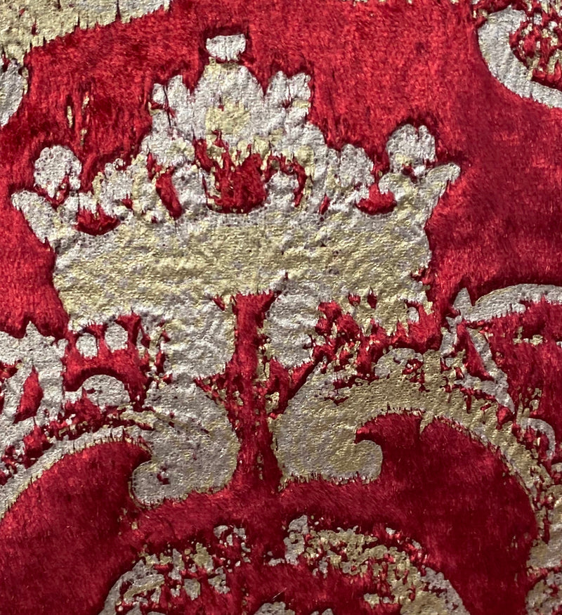 NEW! Queen Renee Designer Burnout Antique Inspired Velvet Fabric Red & Gold - Fancy Styles Fabric Pierre Frey Lee Jofa Brunschwig & Fils