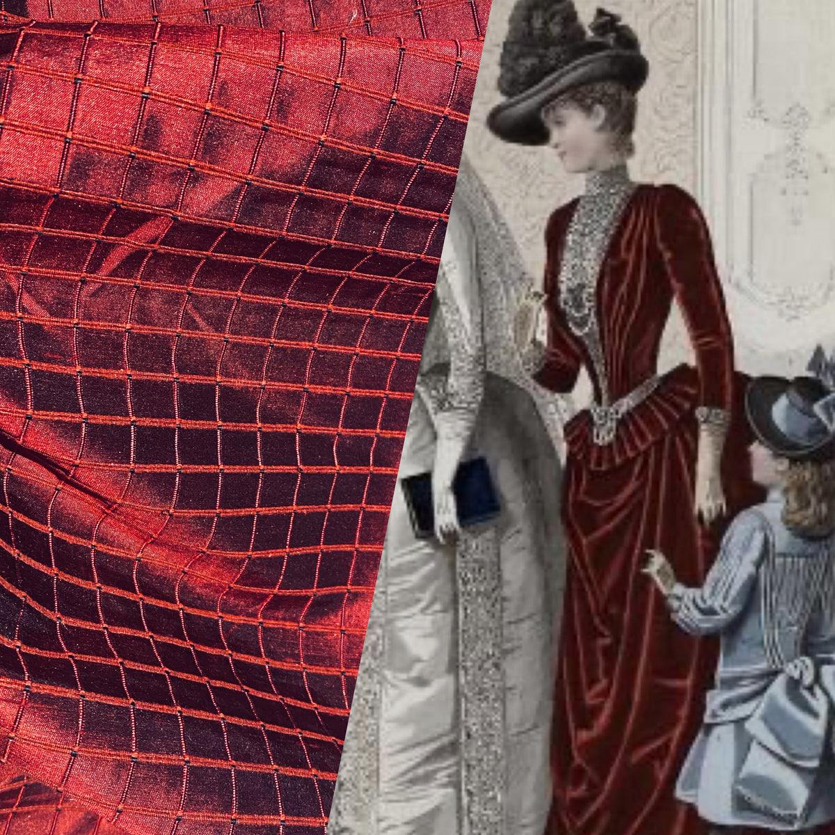 NEW Duchess Jenna 100% Silk Taffeta Fabric- Ruby Red with Embroidered Squares- SB_6_13 - Fancy Styles Fabric Pierre Frey Lee Jofa Brunschwig & Fils