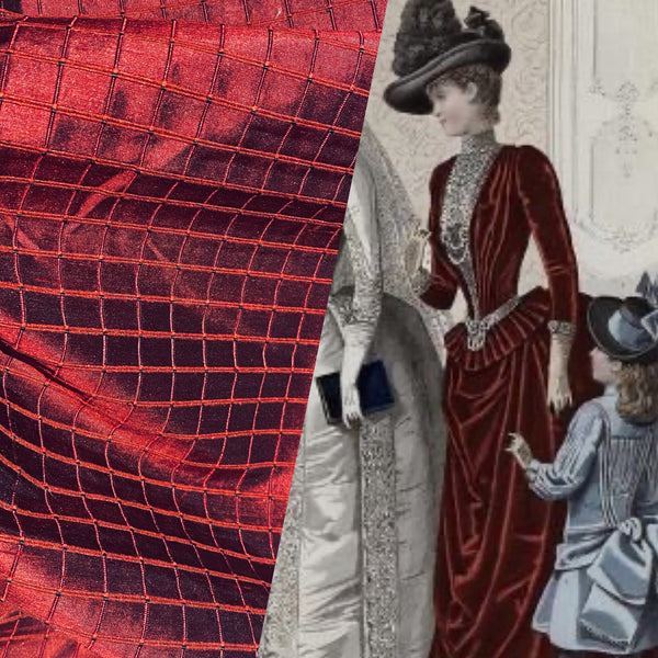 NEW Duchess Jenna 100% Silk Taffeta Fabric- Ruby Red with Embroidered Squares- SB_6_13 - Fancy Styles Fabric Pierre Frey Lee Jofa Brunschwig & Fils
