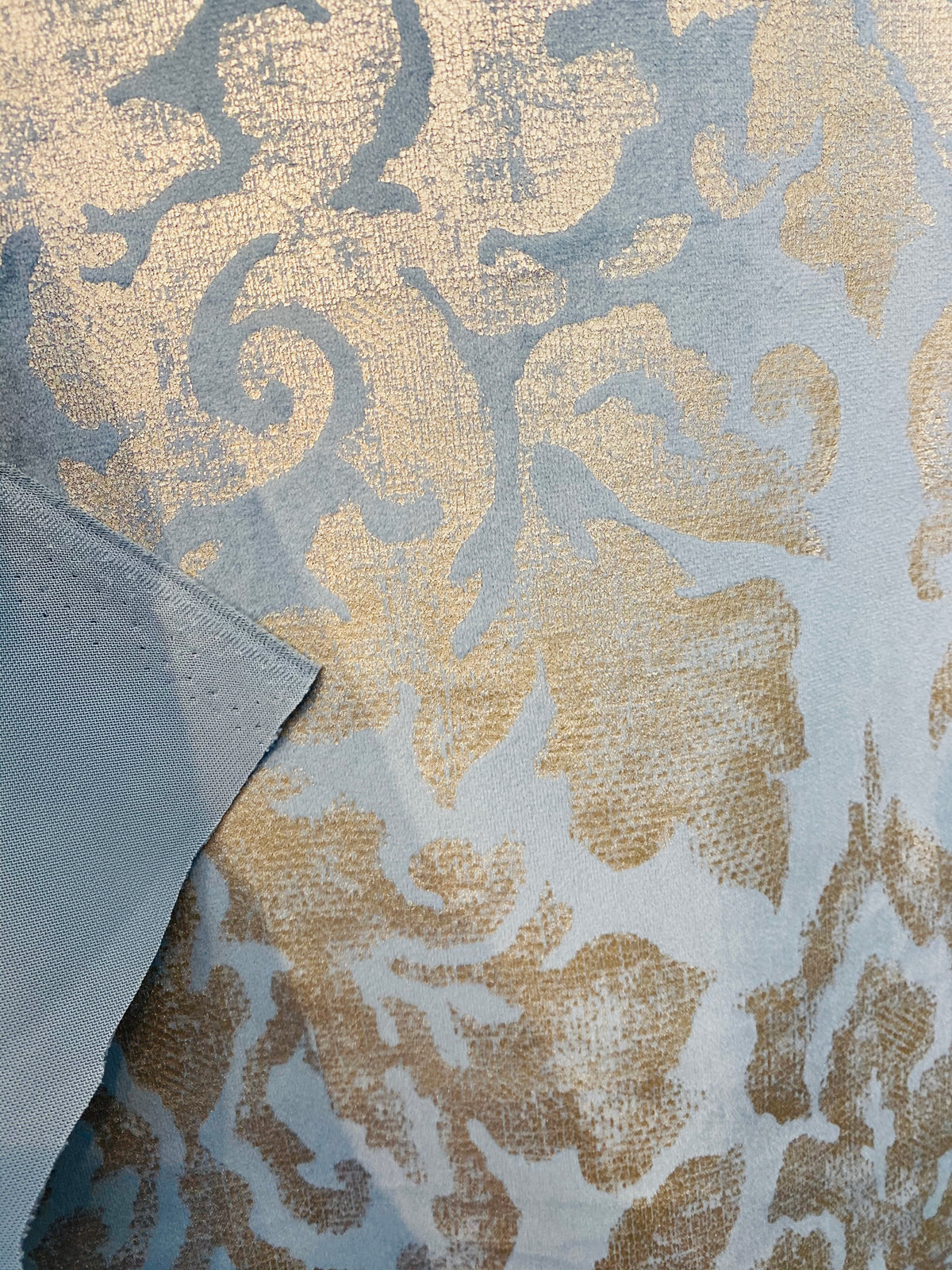 NEW! Lady Calentine Designer Burnout Antique Inspired Velvet Fabric Light Blue And Gold - Fancy Styles Fabric Pierre Frey Lee Jofa Brunschwig & Fils