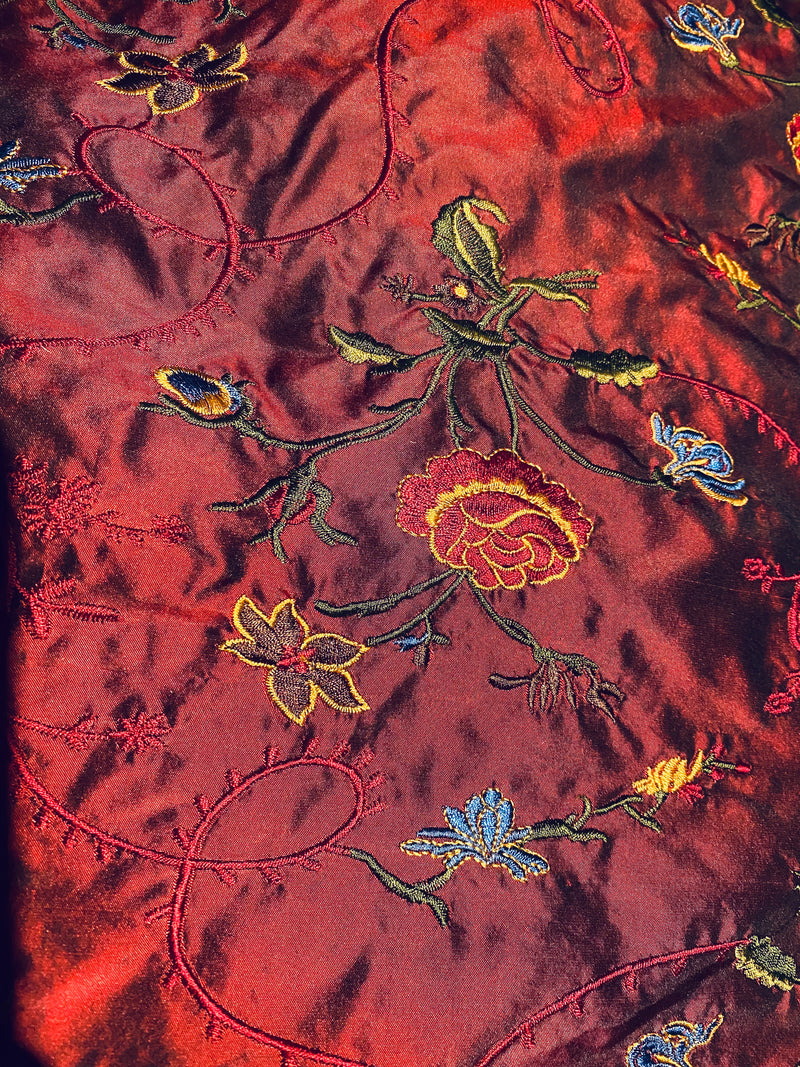 NEW! Queen Dragonia Novelty 100% Silk Dupioni Embroidered Floral Fabric - Red
