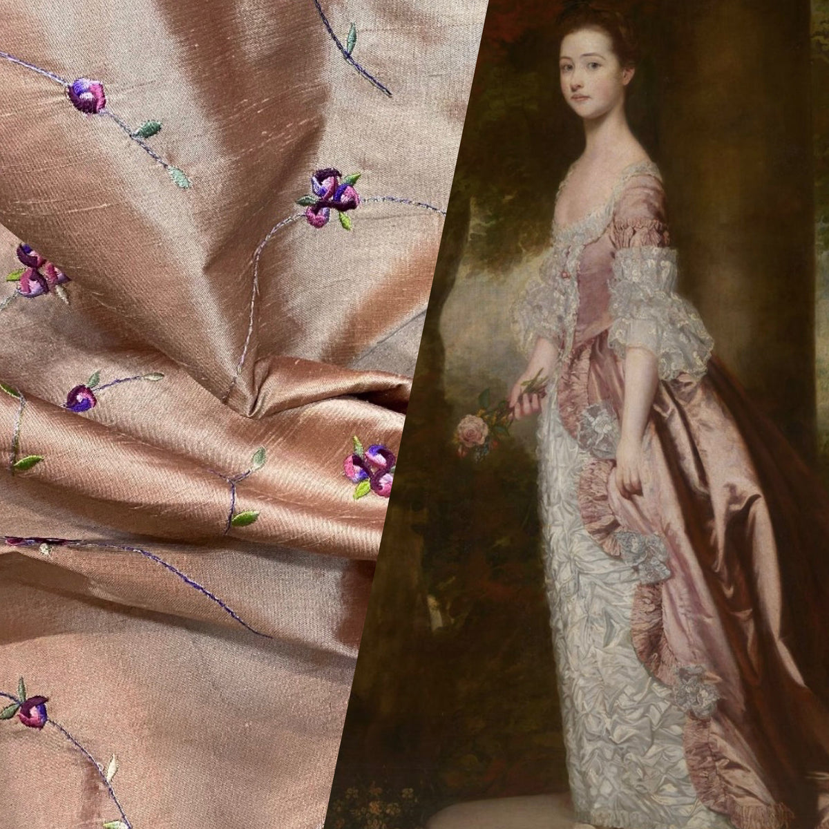 NEW Miss Jessica Designer 100% Silk Dupioni in Rose Gold with Floral Embroidery- SB_3_7 - Fancy Styles Fabric Pierre Frey Lee Jofa Brunschwig & Fils