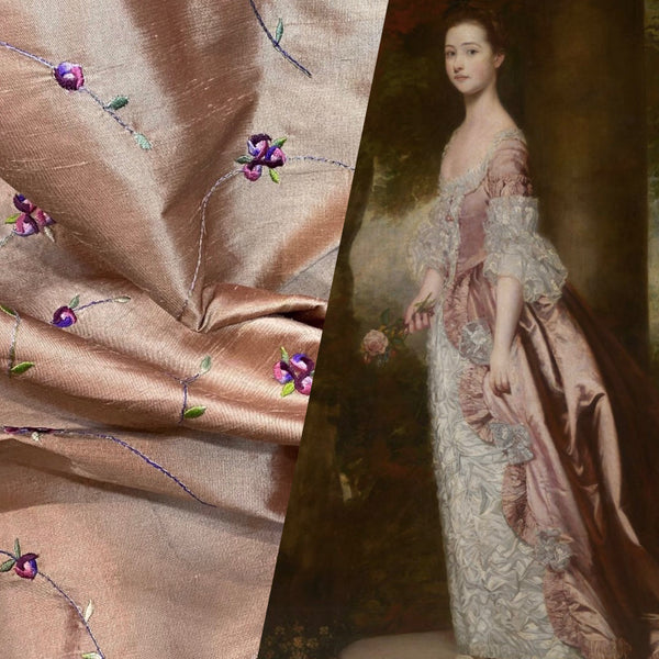 NEW Miss Jessica Designer 100% Silk Dupioni in Rose Gold with Floral Embroidery- SB_3_7 - Fancy Styles Fabric Pierre Frey Lee Jofa Brunschwig & Fils