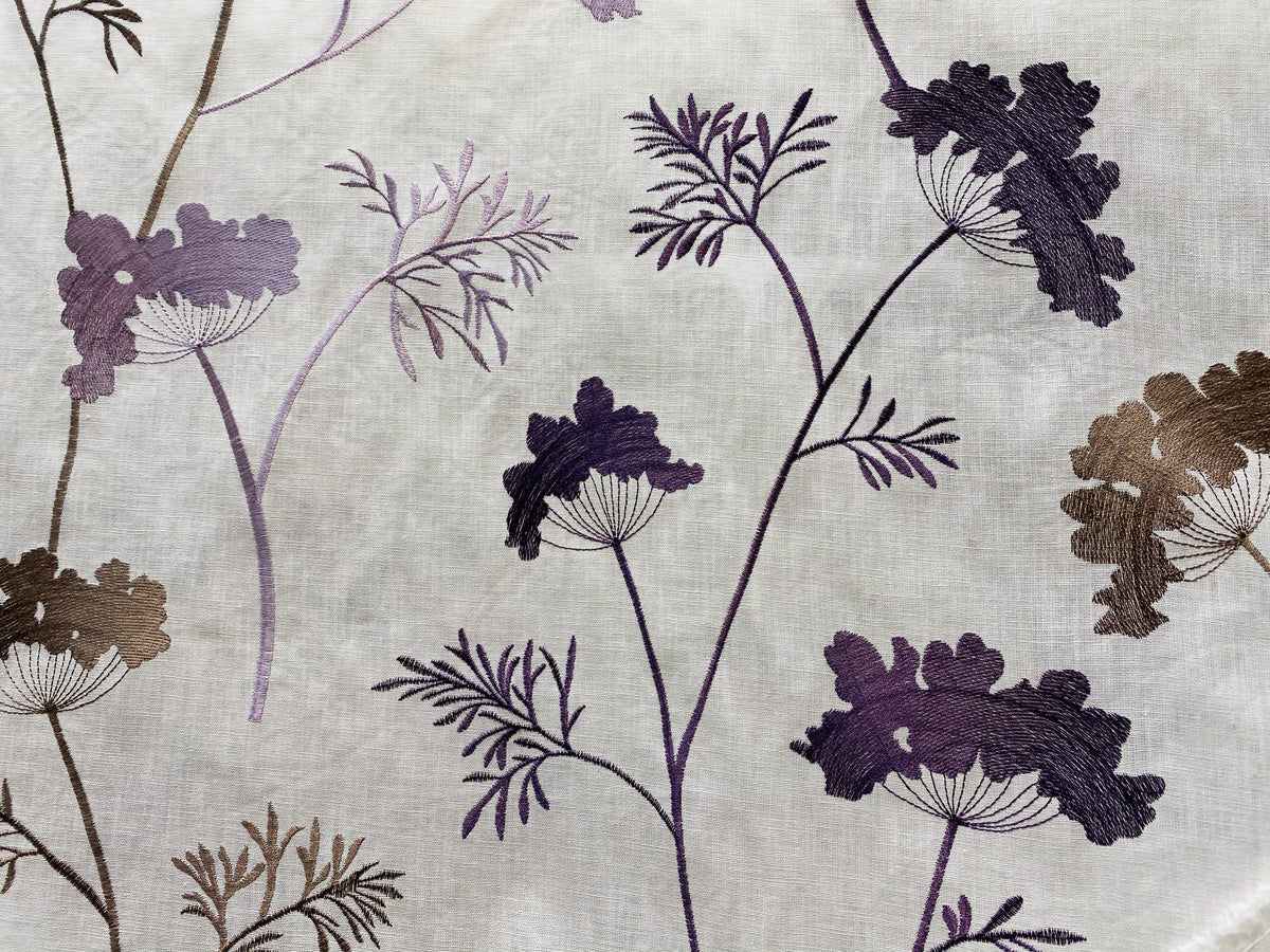NEW! SALE! Queen Joelle 100% Linen Fabric Floral Embroidery- Purple - Fancy Styles Fabric Pierre Frey Lee Jofa Brunschwig & Fils