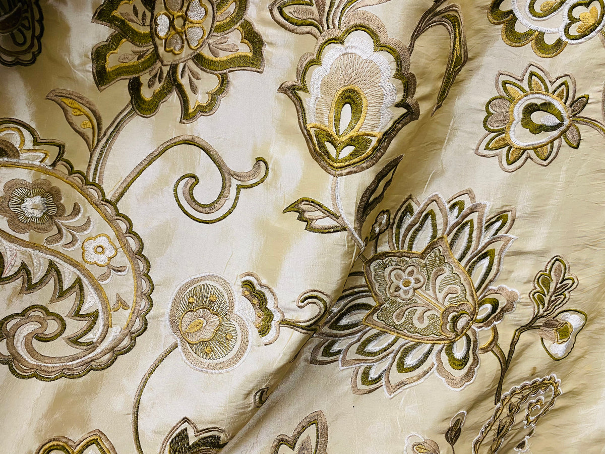 NEW! Duchess Nicole Faux Silk Embroidered Fabric Champagne and Olive - Fancy Styles Fabric Pierre Frey Lee Jofa Brunschwig & Fils