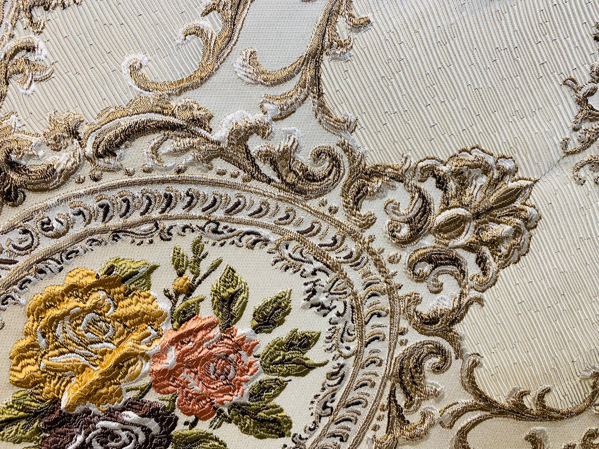 NEW Queen Rose Designer Brocade Satin Fabric- Antique Yellow Pink Roses - Upholstery - Fancy Styles Fabric Pierre Frey Lee Jofa Brunschwig & Fils
