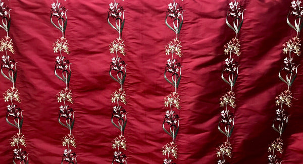 NEW Duchess Nicole Designer 100% Silk Dupioni Embroidered Floral Rows Fabric- Dark Red Iridescent - Fancy Styles Fabric Pierre Frey Lee Jofa Brunschwig & Fils
