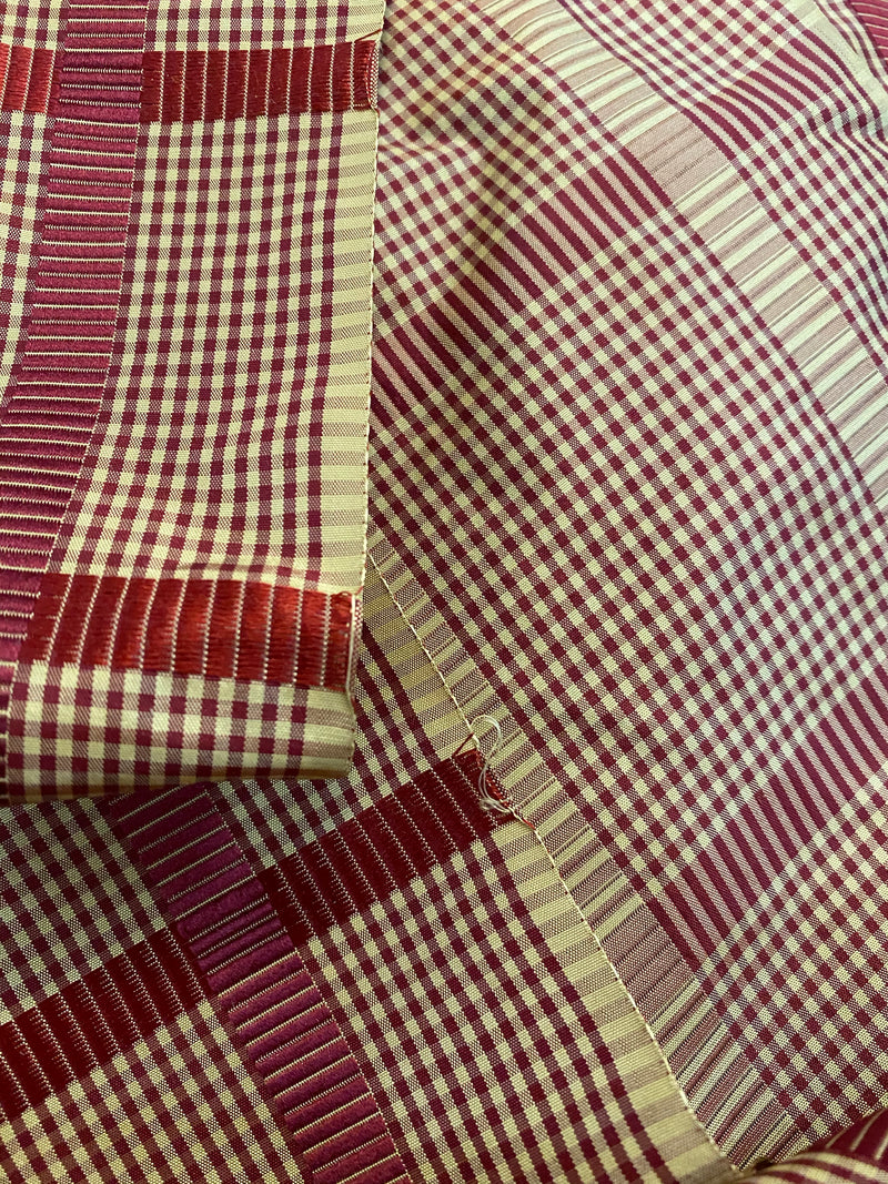 NEW! Miss Jaqueline Designer 100% Silk Taffeta Gingham Ribbon Stripes Plaid Fabric -Dark Red Beige SB_6_33