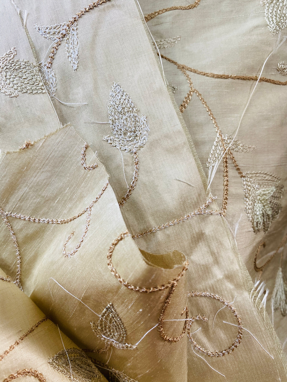 NEW Princess Primrose 100% Silk Dupioni Fabric With Crewel Floral Embroidery- Bone - Fancy Styles Fabric Pierre Frey Lee Jofa Brunschwig & Fils