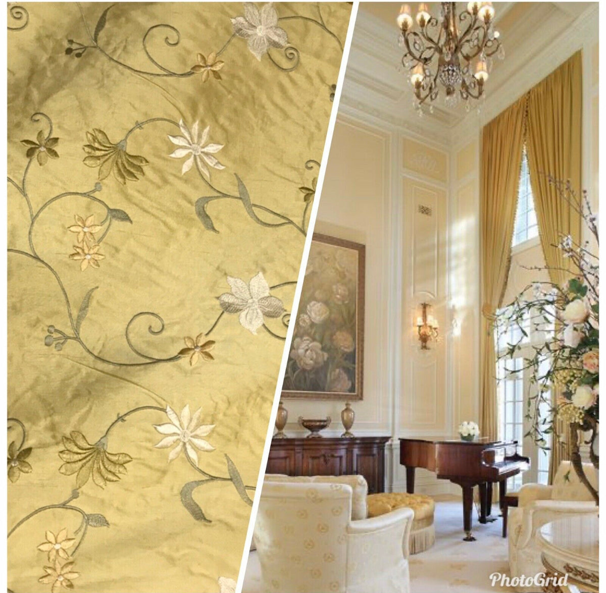 NEW! 100% Silk Dupioni Drapery Golden Yellow Embroidered Floral Fabric GFSUY0001 - Fancy Styles Fabric Pierre Frey Lee Jofa Brunschwig & Fils