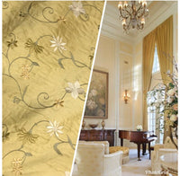 NEW! 100% Silk Dupioni Drapery Golden Yellow Embroidered Floral Fabric GFSUY0001 - Fancy Styles Fabric Pierre Frey Lee Jofa Brunschwig & Fils