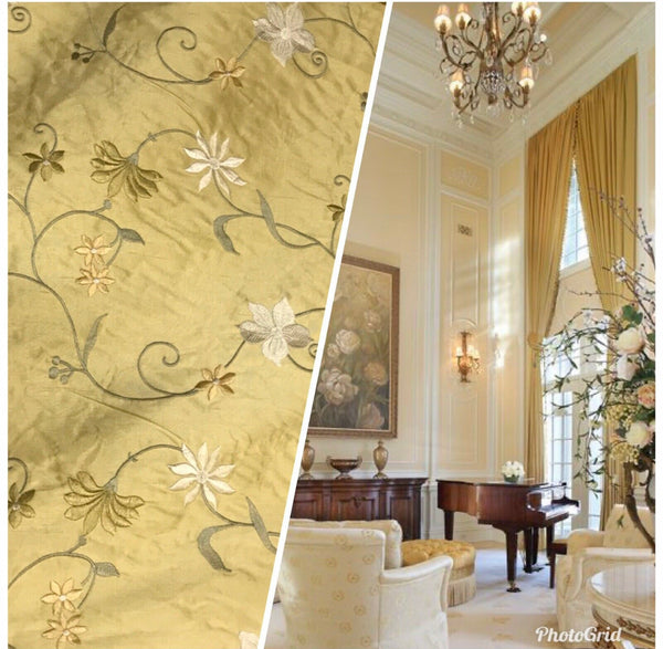 NEW! 100% Silk Dupioni Drapery Golden Yellow Embroidered Floral Fabric GFSUY0001 - Fancy Styles Fabric Pierre Frey Lee Jofa Brunschwig & Fils