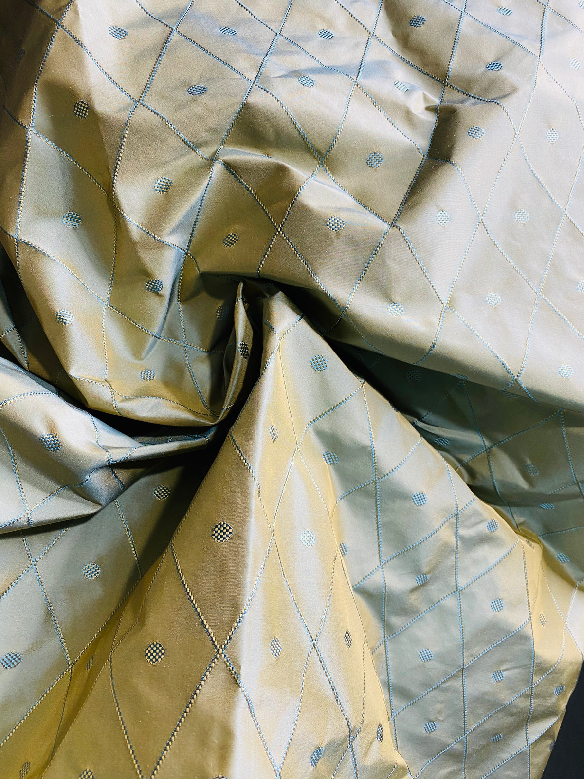 NEW Princess Mia 100% Silk Duck Egg Blue Embroidered Diamond Motif Taffeta Fabric with Peach Iridescent - Fancy Styles Fabric Pierre Frey Lee Jofa Brunschwig & Fils