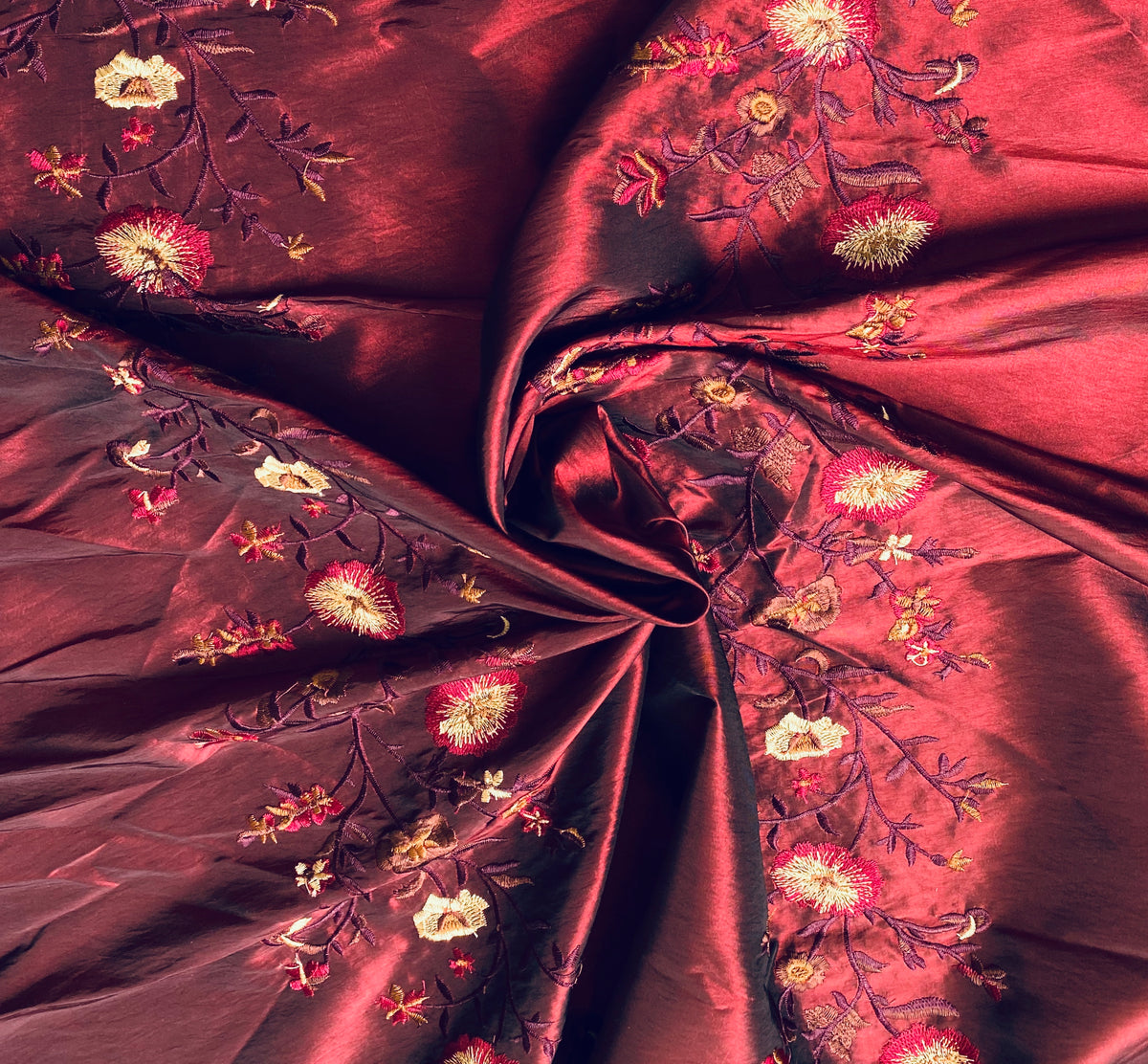NEW! Duchess Aurora Red with Black Iridescence Faux Silk Embroidered Fabric - Fancy Styles Fabric Pierre Frey Lee Jofa Brunschwig & Fils