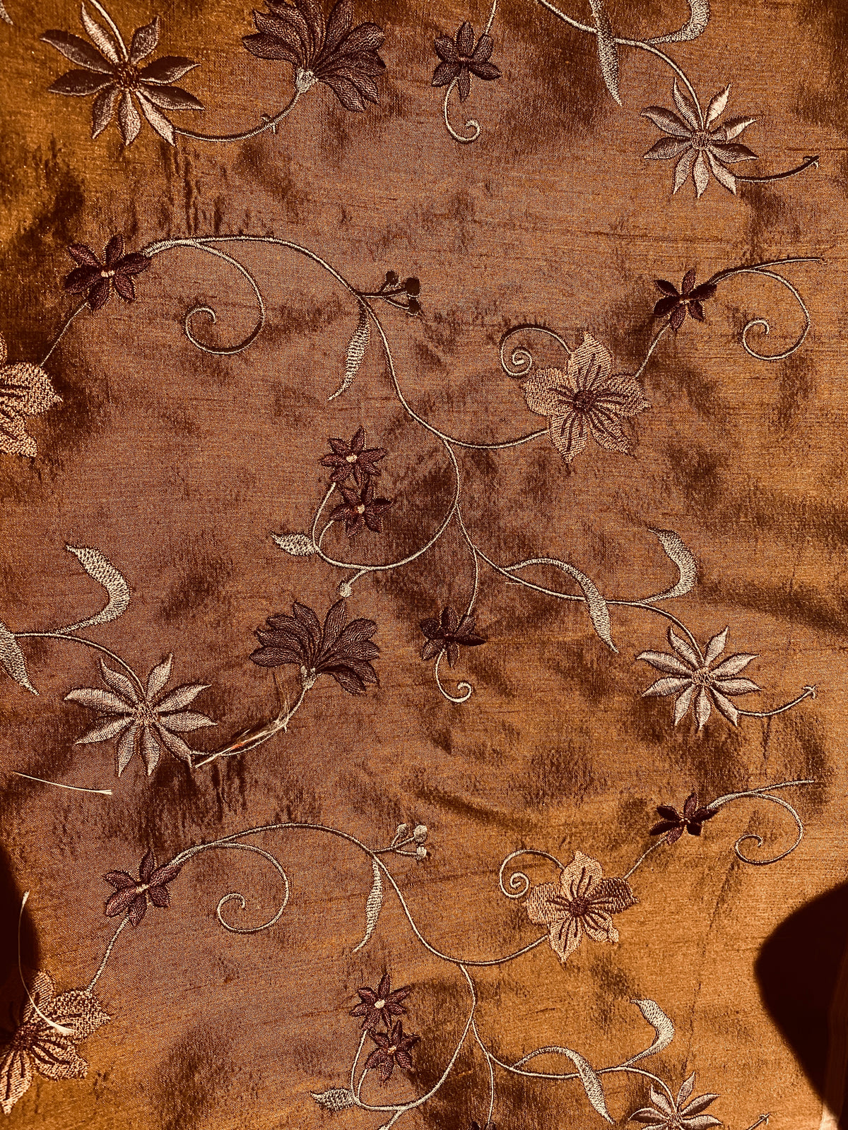 Queen Charlotte 100% Silk Dupioni in Copper with Black Irridescence with Embroidered Floral Motif Fabric - Fancy Styles Fabric Pierre Frey Lee Jofa Brunschwig & Fils