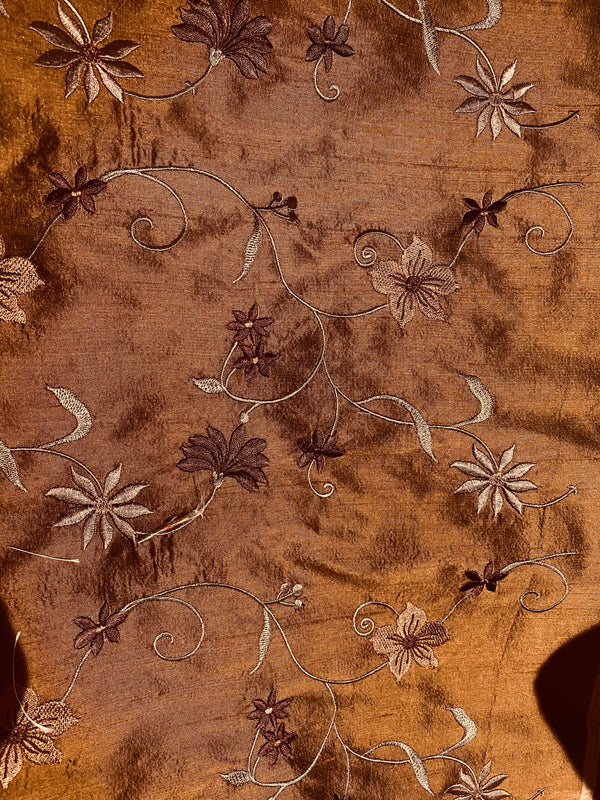 Queen Charlotte 100% Silk Dupioni in Copper with Black Irridescence with Embroidered Floral Motif Fabric - Fancy Styles Fabric Pierre Frey Lee Jofa Brunschwig & Fils