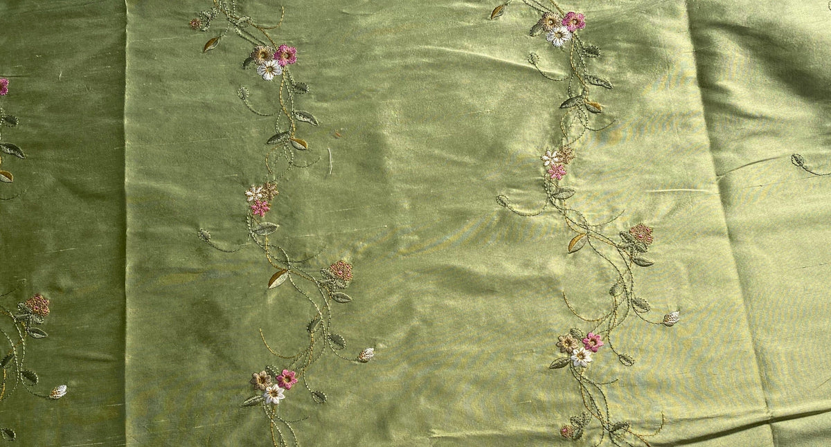 NEW Duchess Rowena Designer 100% Silk Dupioni - Pistachio Green with Floral Embroidery Vines - Fancy Styles Fabric Pierre Frey Lee Jofa Brunschwig & Fils
