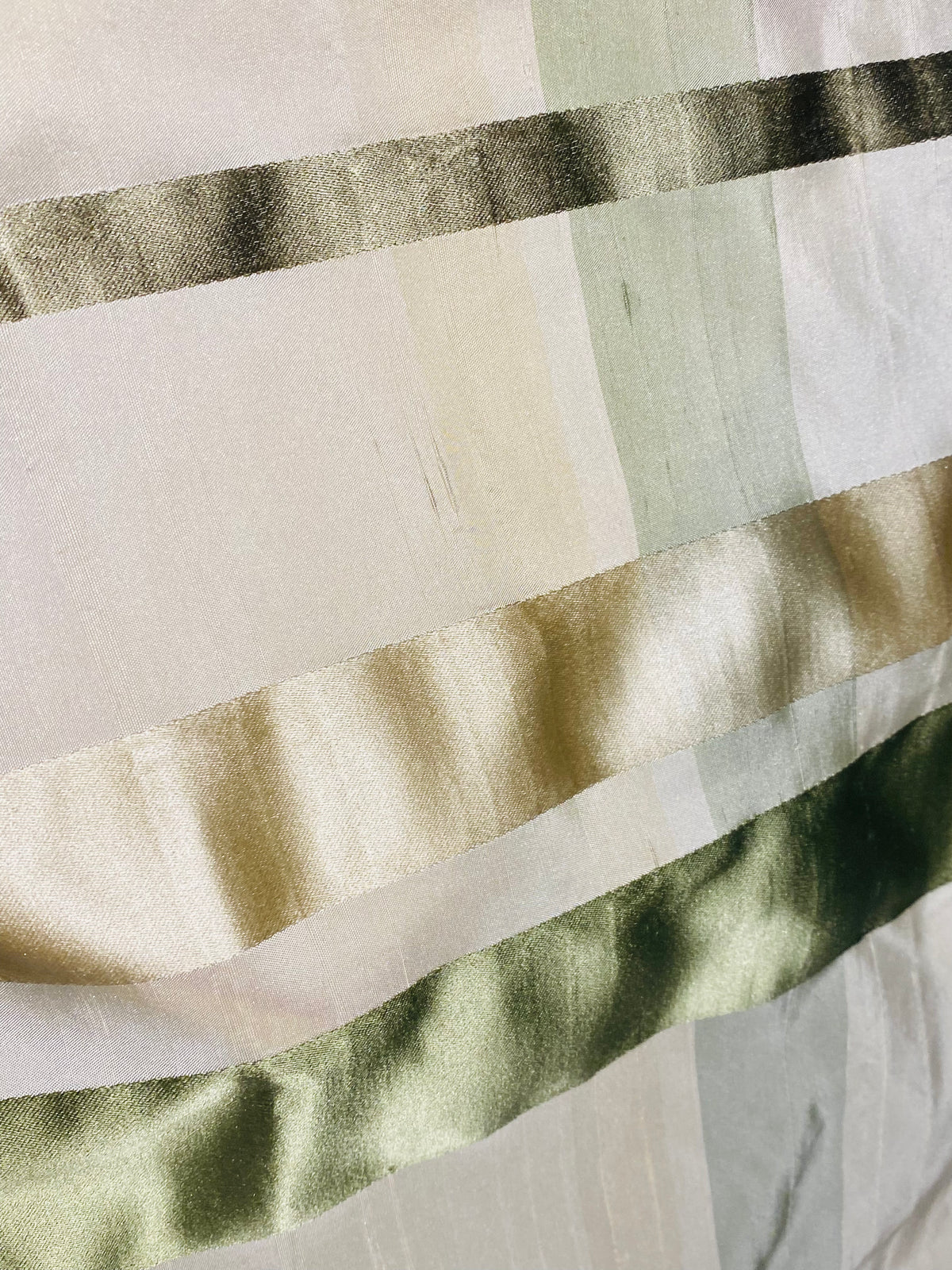 NEW Duchess Philippa 100% Silk Taffeta Plaid Tartan with Satin Ribbon Stripes in Cream and Pistachio SB_6_18 - Fancy Styles Fabric Pierre Frey Lee Jofa Brunschwig & Fils