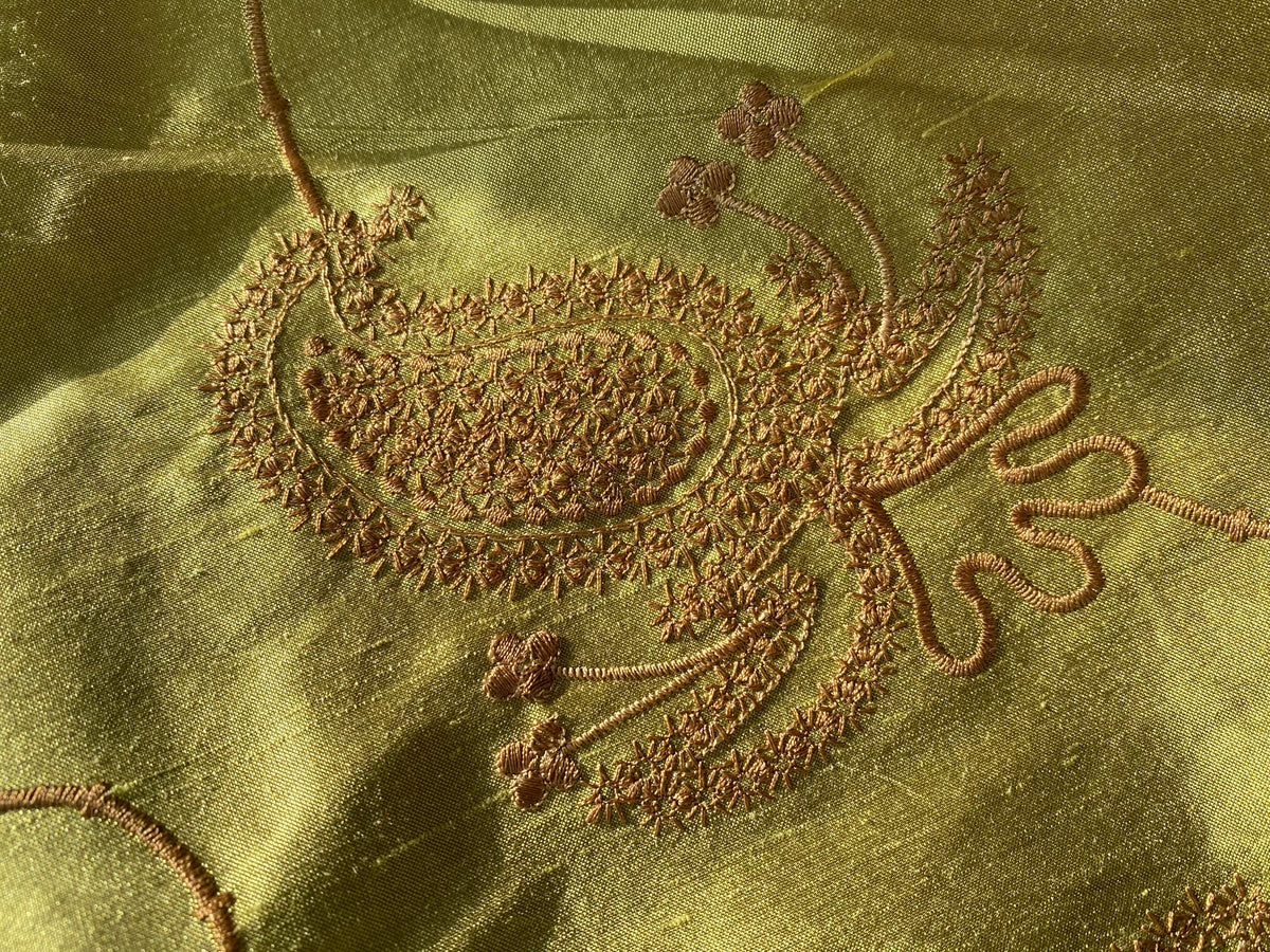 NEW Duchess Daria 100% Silk Dupioni Embroidered Floral Fabric- Chartreuse Green Gold with Copper Flowers - Fancy Styles Fabric Pierre Frey Lee Jofa Brunschwig & Fils
