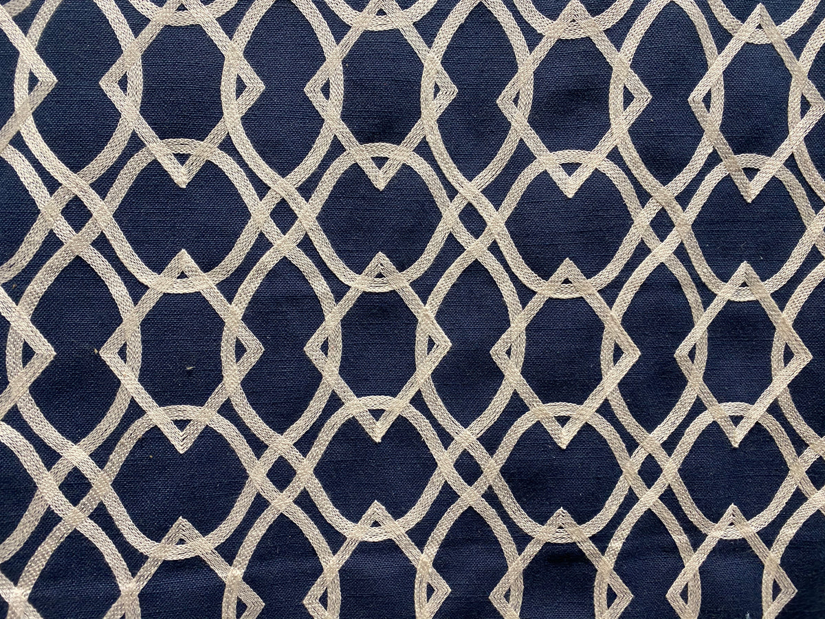 NEW! SALE! Prince Gregorian Novelty 100% Linen Fabric Geometric Embroidery- Natural and Blue - Fancy Styles Fabric Pierre Frey Lee Jofa Brunschwig & Fils
