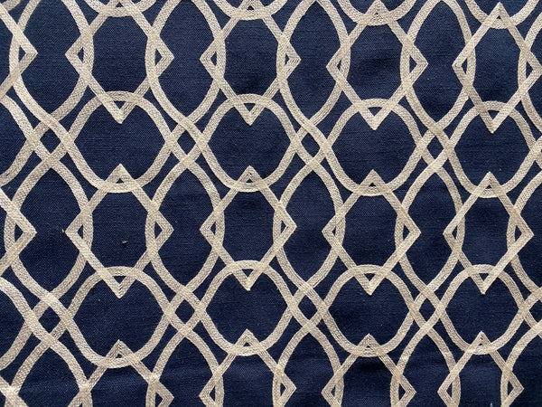 NEW! SALE! Prince Gregorian Novelty 100% Linen Fabric Geometric Embroidery- Natural and Blue - Fancy Styles Fabric Pierre Frey Lee Jofa Brunschwig & Fils