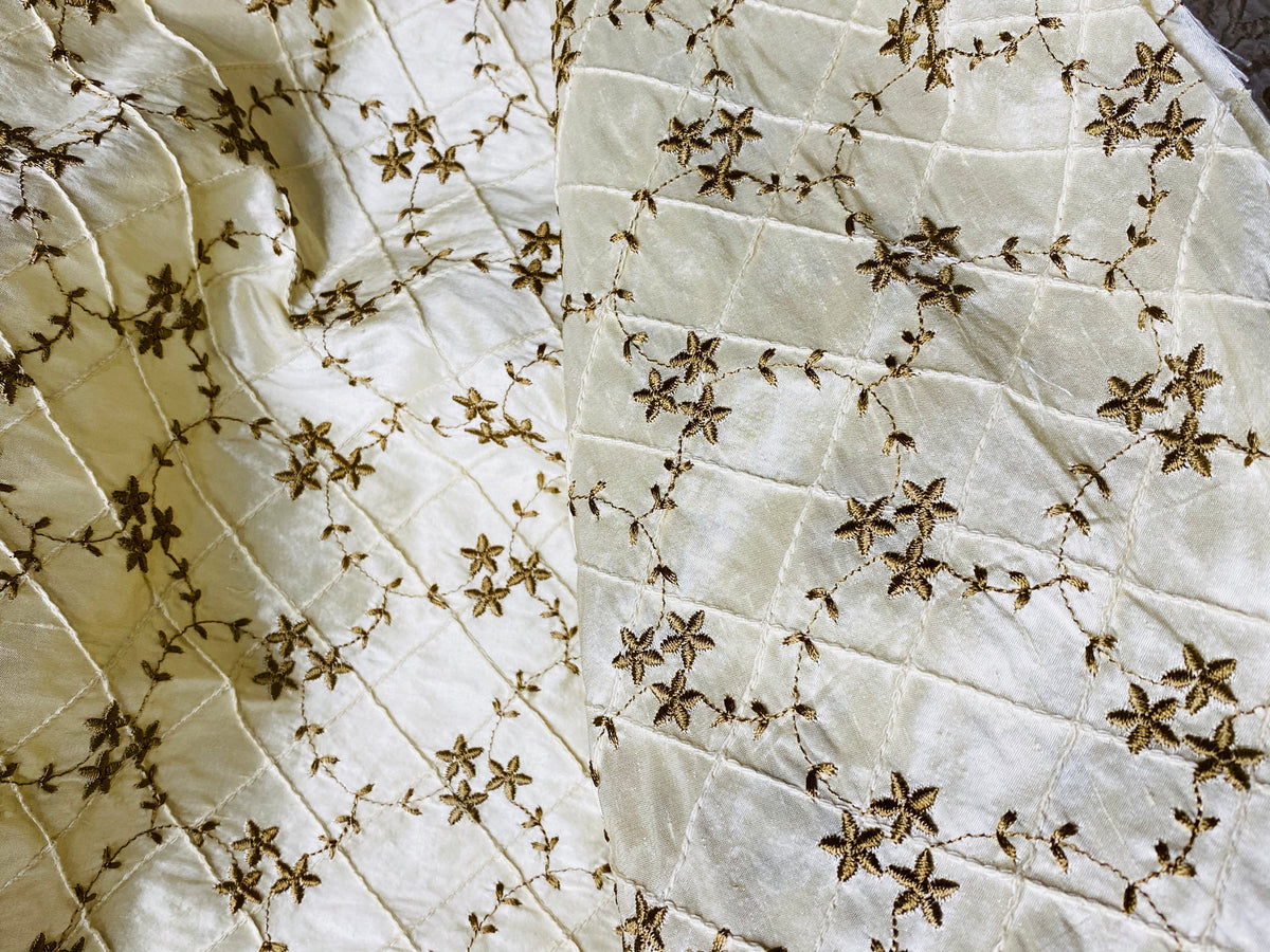 Queen Elisabeth 100% Silk Dupioni Embroidered Quilted Floral Fabric- Ivory - Fancy Styles Fabric Pierre Frey Lee Jofa Brunschwig & Fils
