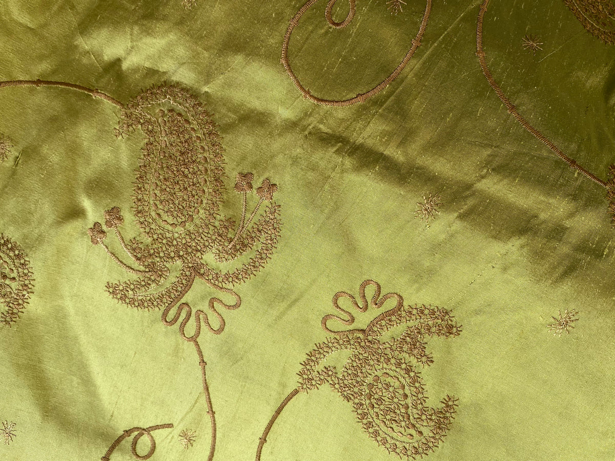 NEW Duchess Daria 100% Silk Dupioni Embroidered Floral Fabric- Chartreuse Green Gold with Copper Flowers - Fancy Styles Fabric Pierre Frey Lee Jofa Brunschwig & Fils